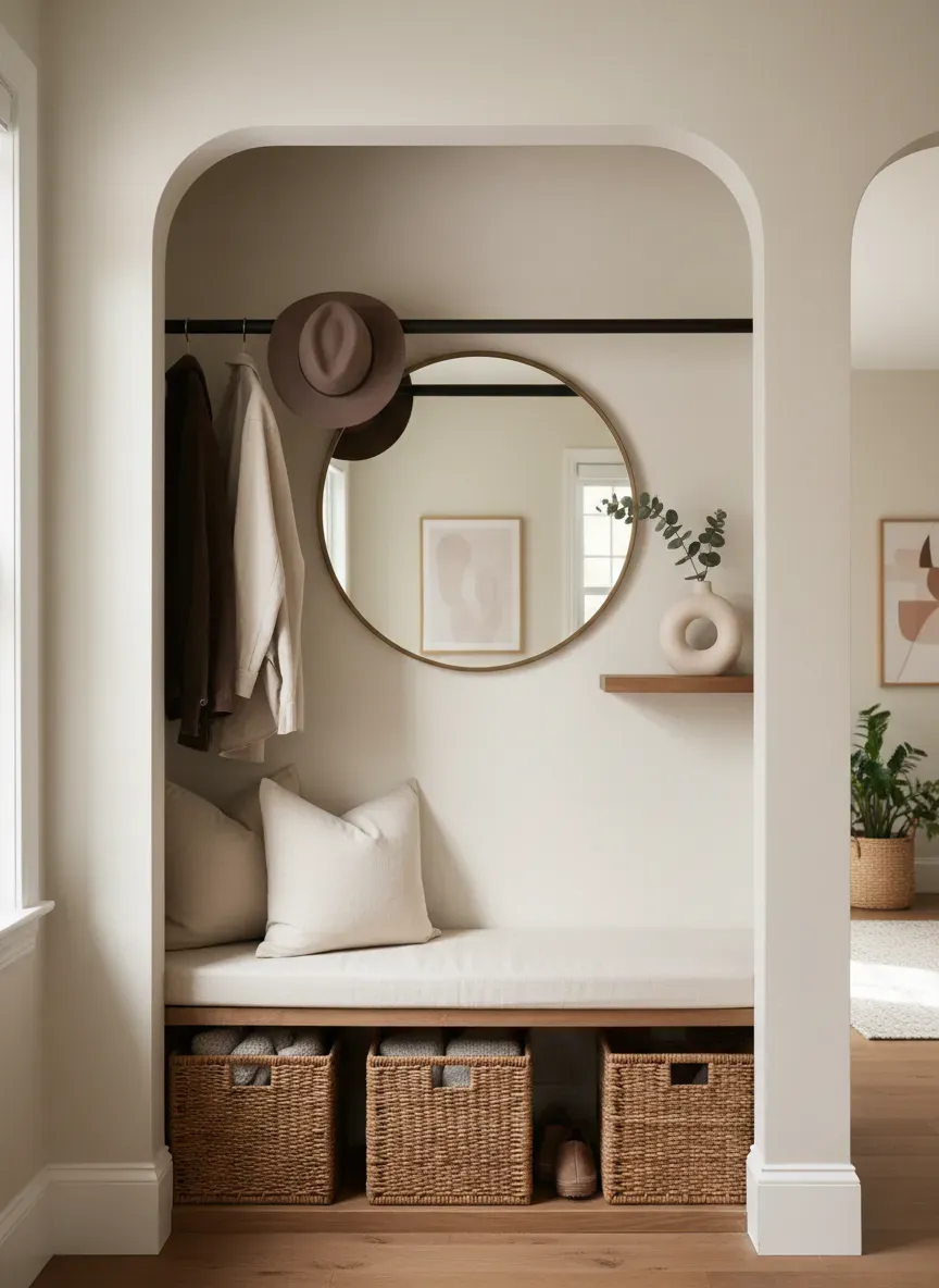 Closet converted into an open entryway nook with bench
