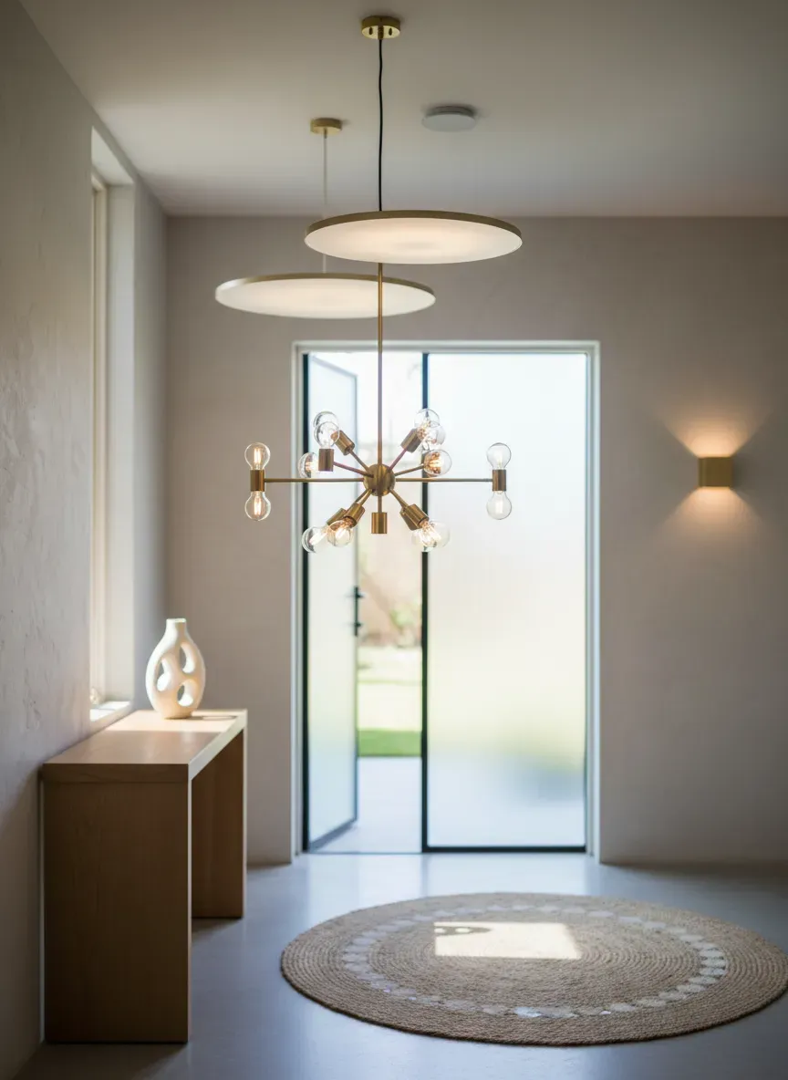 Brightly lit small foyer with layered lighting fixtures