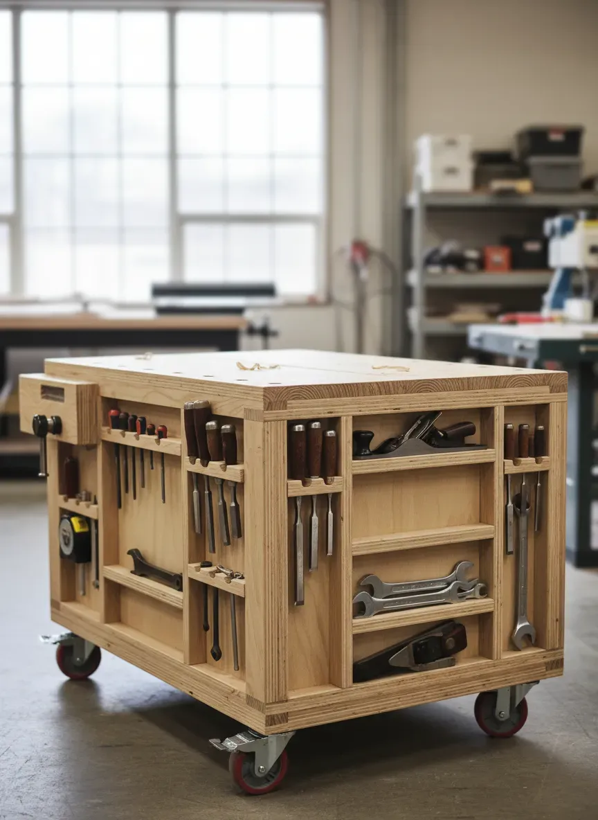 A mobile torsion box workbench with custom tool cubbies built into the frame