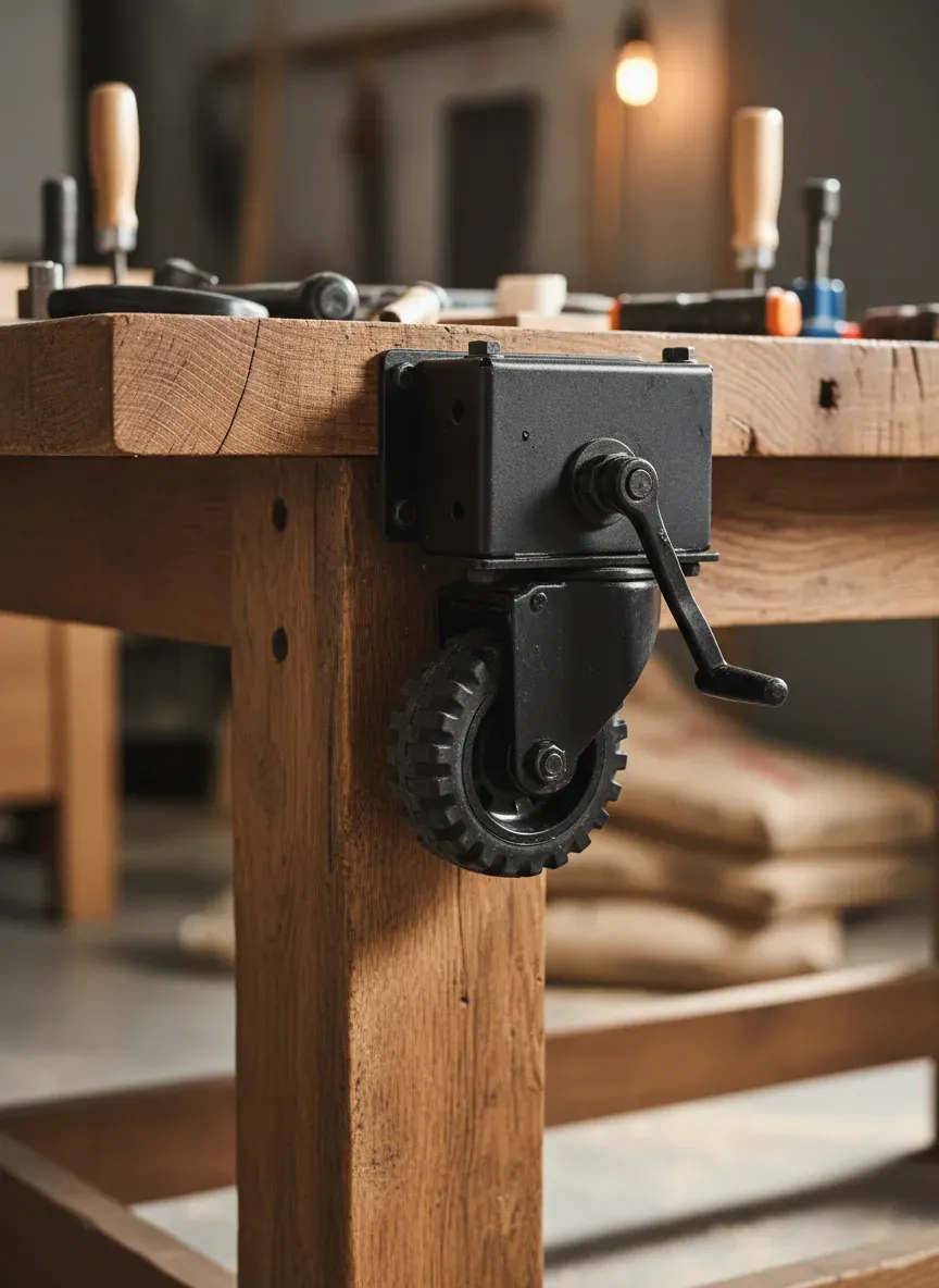 Detail shot of heavy duty retractable casters on a wooden workbench leg