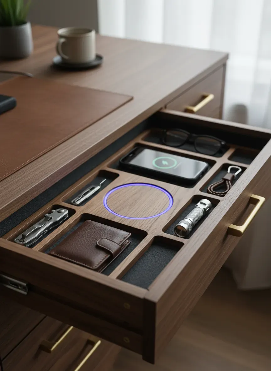 Detail shot of a customized Everyday Carry drawer with integrated wireless charging