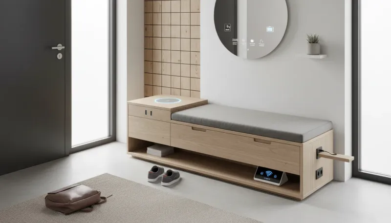 A sleek wooden entryway bench featuring built-in USB ports and under-seat shoe storage in a modern foyer