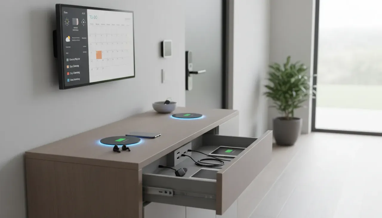 A sleek, modern entryway console featuring a built-in digital display and wireless charging surface in a minimalist home.