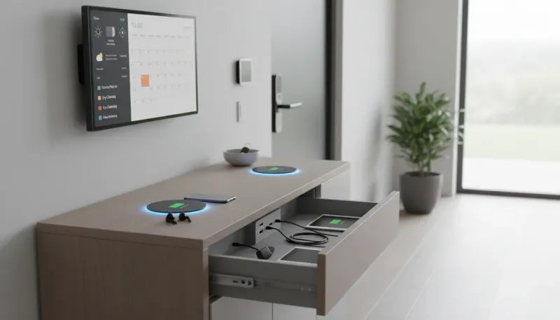 A sleek, modern entryway console featuring a built-in digital display and wireless charging surface in a minimalist home.