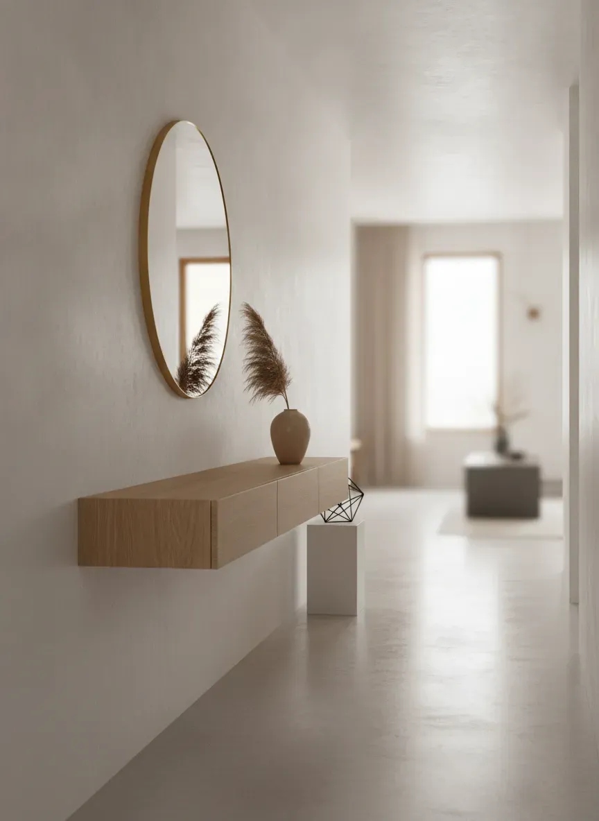 A clean and minimally styled narrow hallway with a floating console table and a round mirror