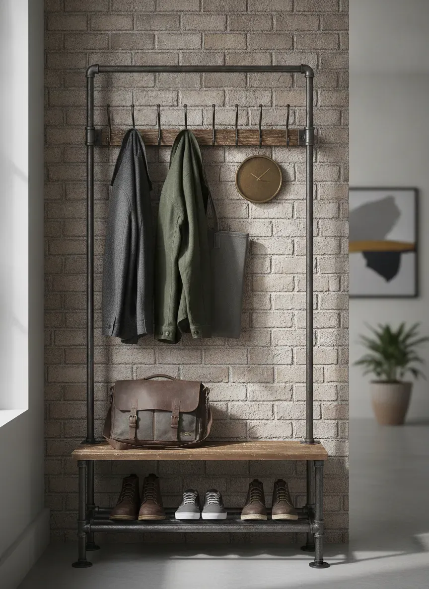 An industrial hall tree holding coats, bags, and shoes in a compact foyer