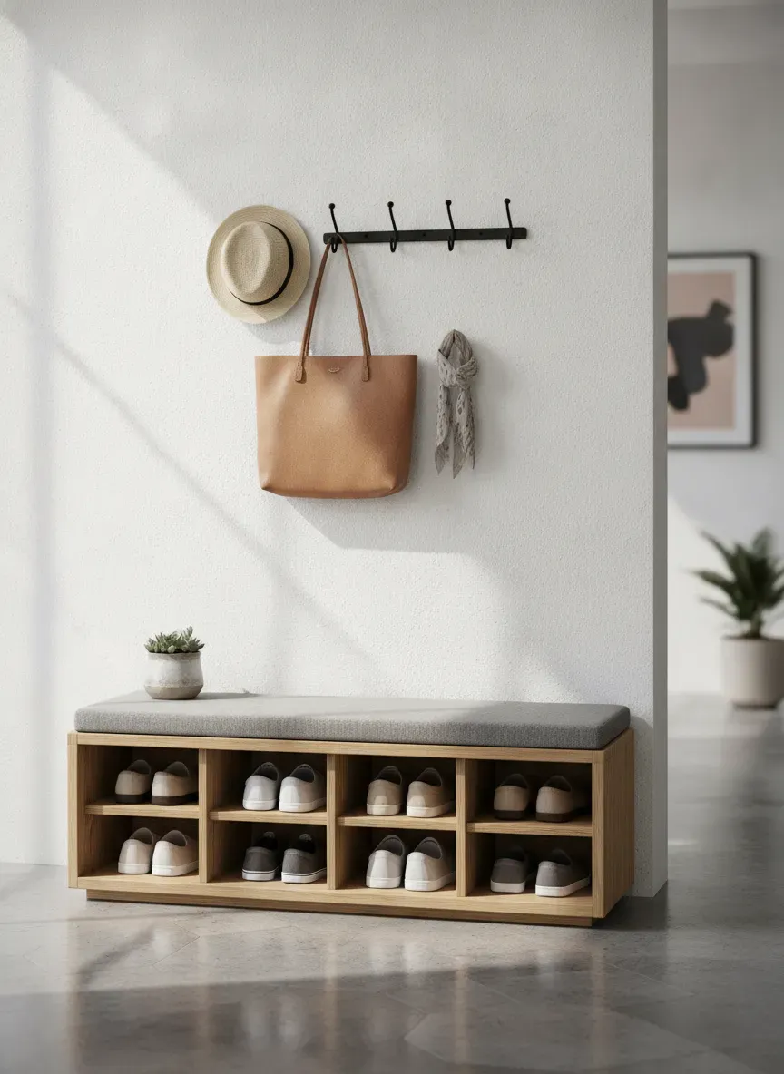 A low-profile shoe storage bench sitting neatly under hanging wall hooks in a modern entryway