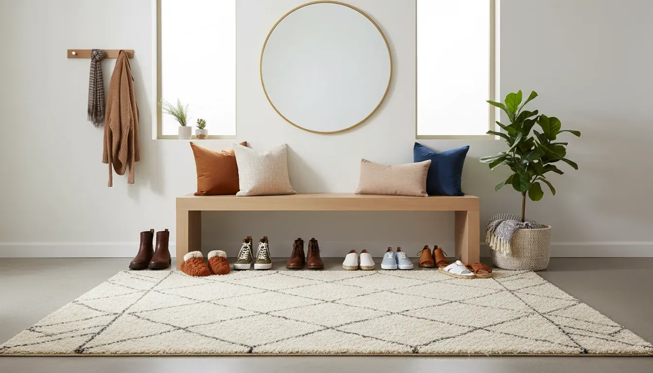 A neatly organized entryway featuring a seasonal rotation of shoes and a cozy rug