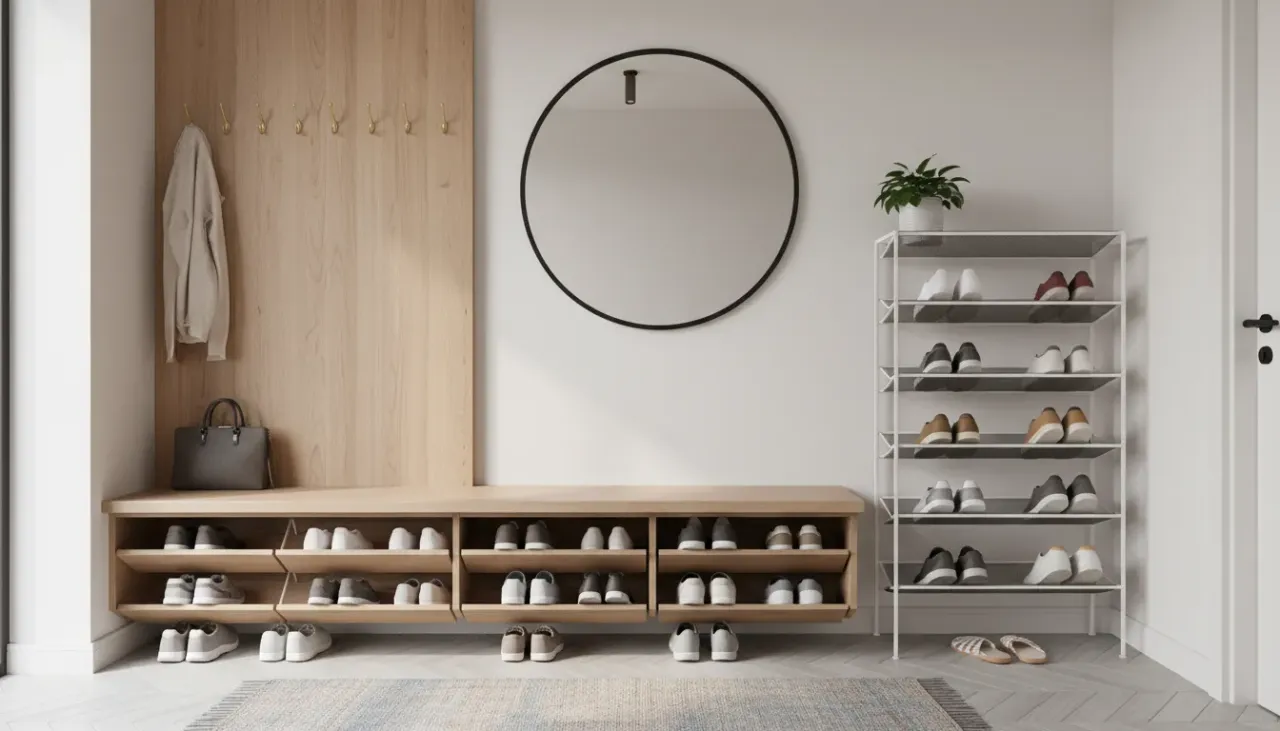 A stylish, minimalist entryway in a studio apartment featuring a slim white tipping bucket shoe cabinet and a round mirror.