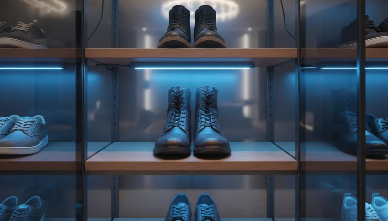 Internal view of a smart shoe cabinet showing blue UV sterilization lights active on a pair of leather boots