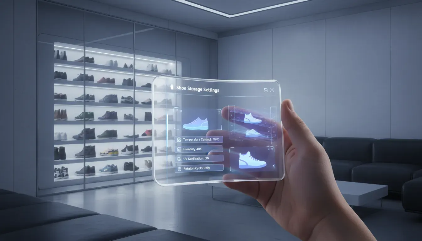 Concept art of a futuristic smart home interface on a mobile device controlling shoe storage settings