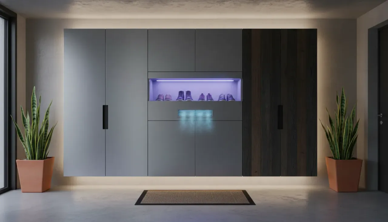 A sleek, modern white smart shoe cabinet with a digital interface situated in a minimalist entryway