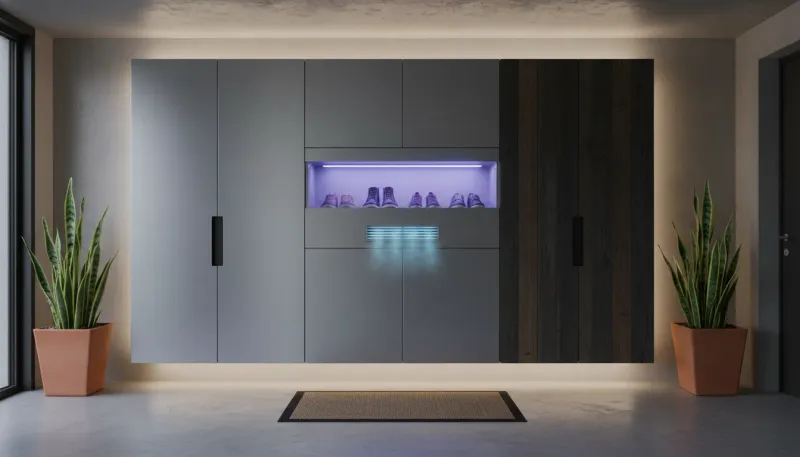 A sleek, modern white smart shoe cabinet with a digital interface situated in a minimalist entryway