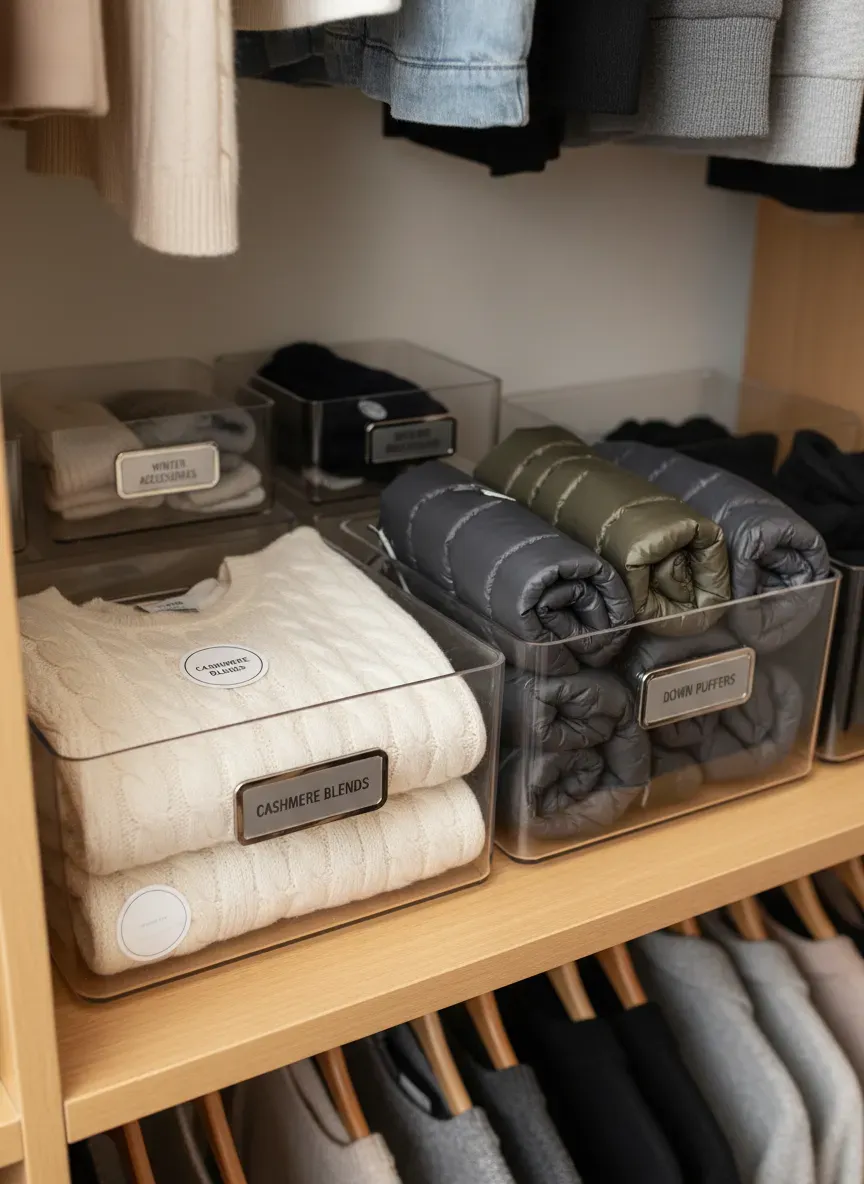 Top-down view of an organized closet shelf displaying clear, labeled acrylic bins storing folded winter sweaters and rolled puffers.