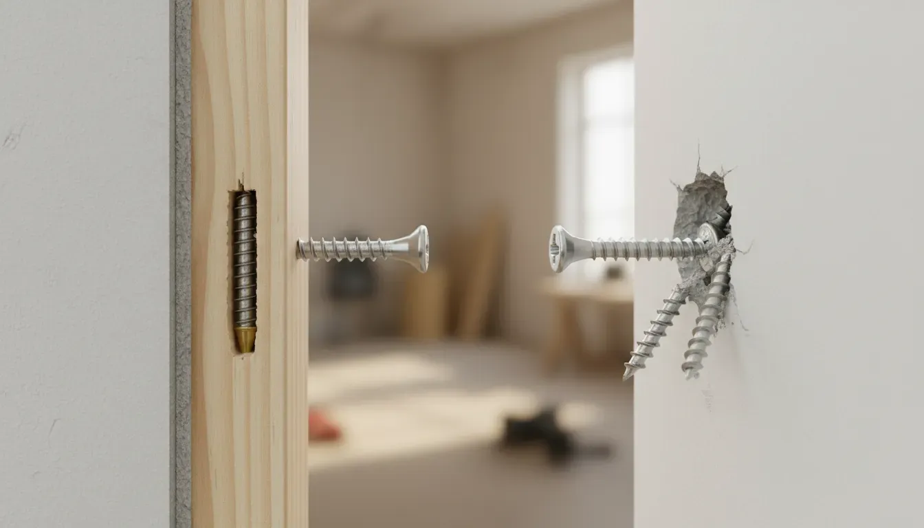 Diagram showing proper screw penetration into a wooden stud versus a drywall anchor failure