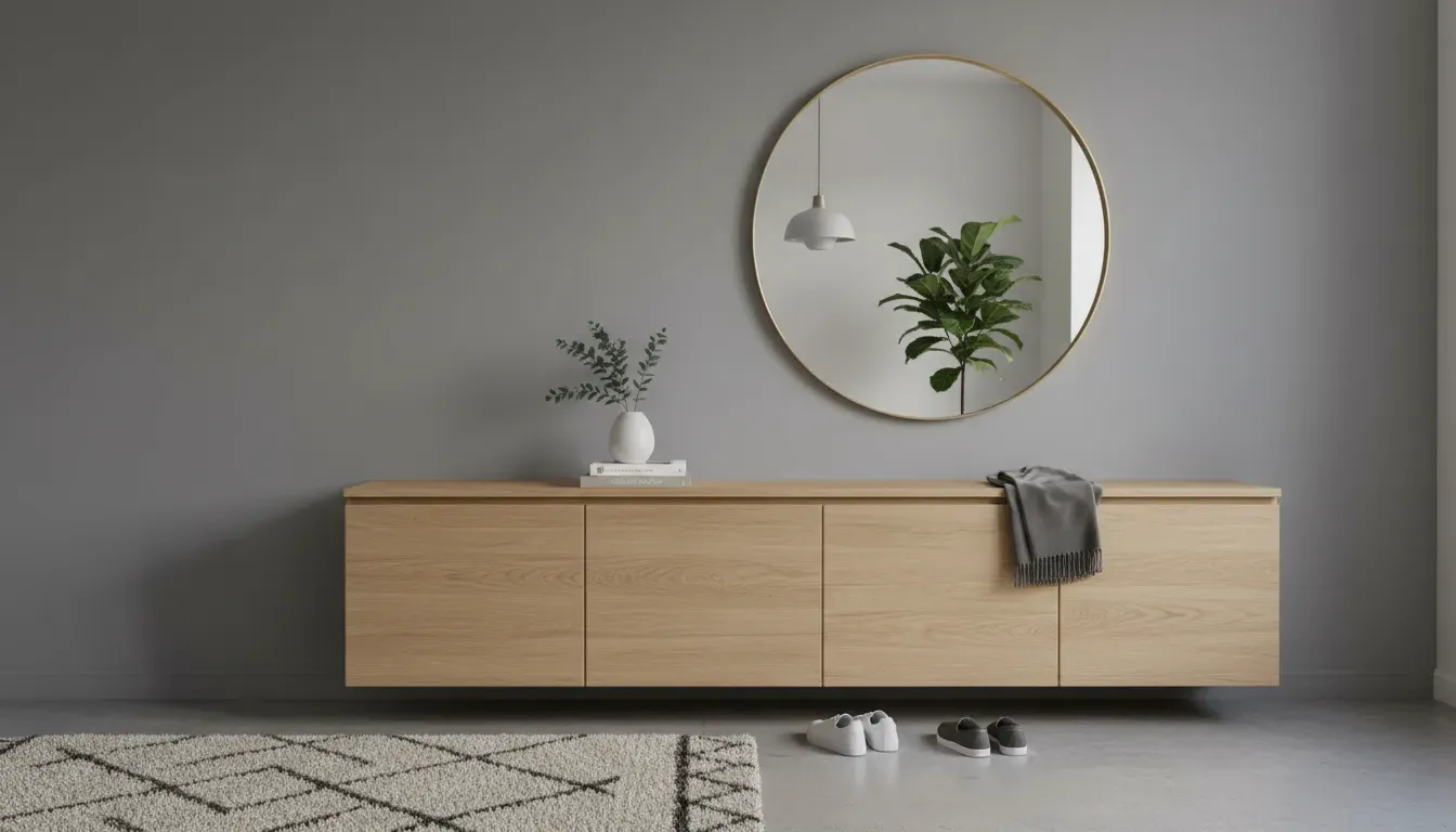 A modern entryway with a sleek wooden tilt-out shoe cabinet against a grey wall