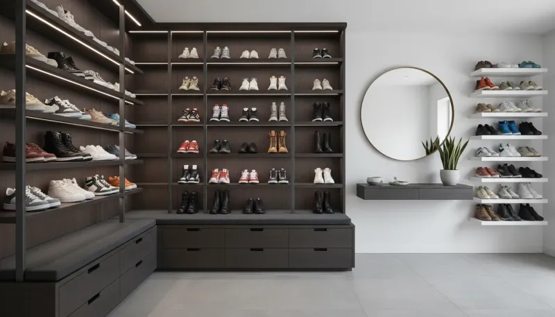 A minimalist entryway featuring a slim, white tilt-out shoe cabinet and floating shelves holding designer sneakers