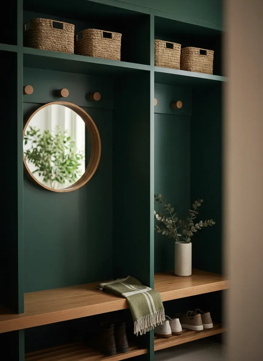 A beautifully styled, ultra-matte dark green mudroom cubby system with natural wood accents.