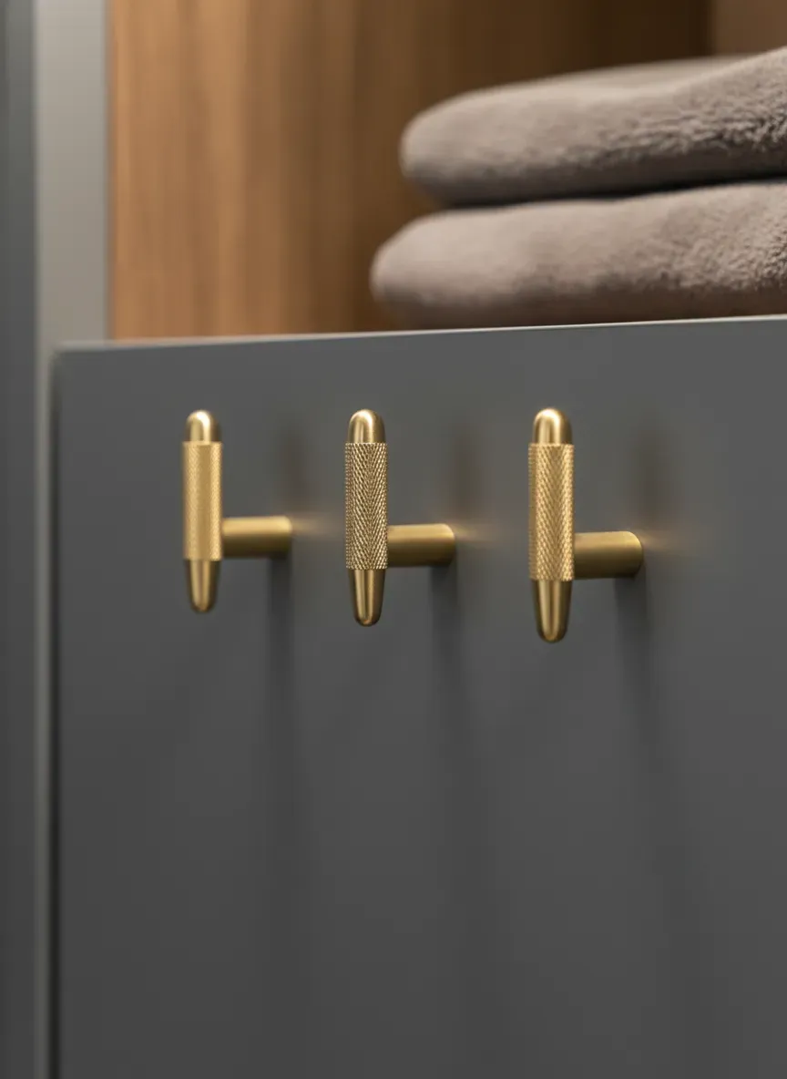 A close-up of knurled brass coat hooks mounted on a perfectly flat charcoal gray cubby backing.