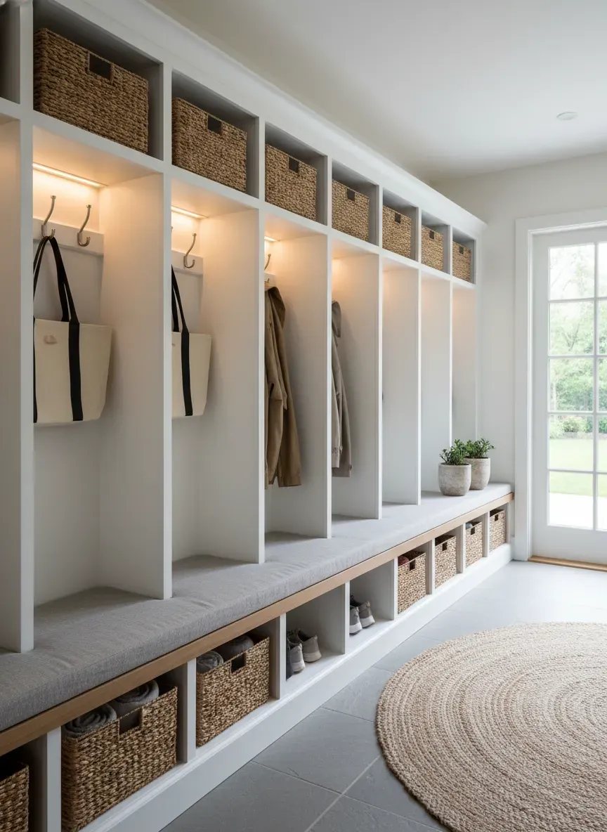 A perfectly organized mudroom featuring built-in flat white cubbies accented by warm LED strip lighting and woven baskets.