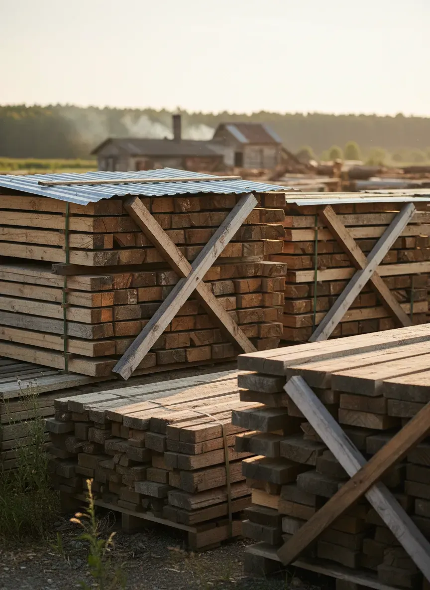 Stacks of rough-sawn lumber curing outdoors at a local sawmill