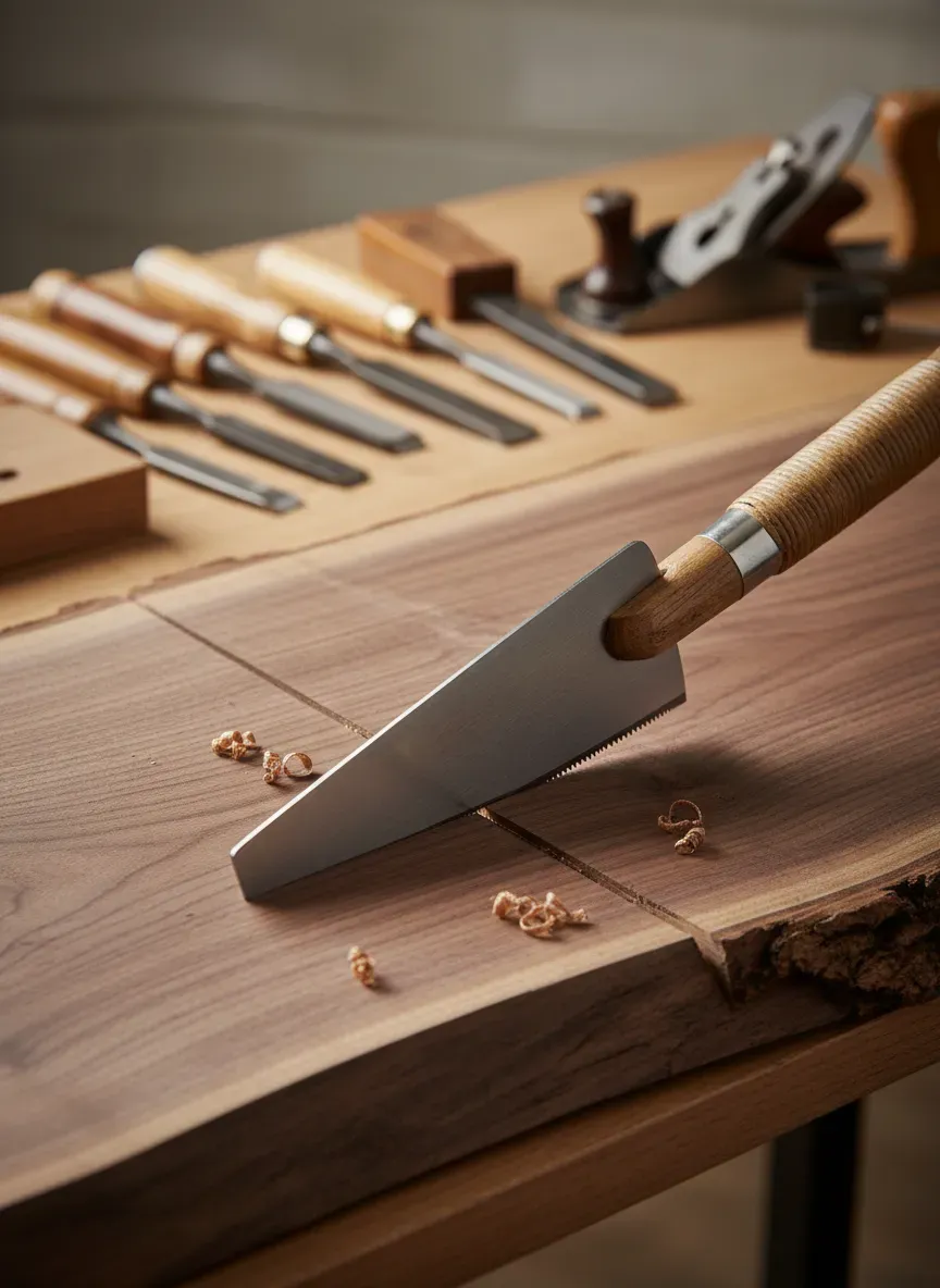 Using a Japanese pull saw to trim a rough edge off a thick hardwood slab