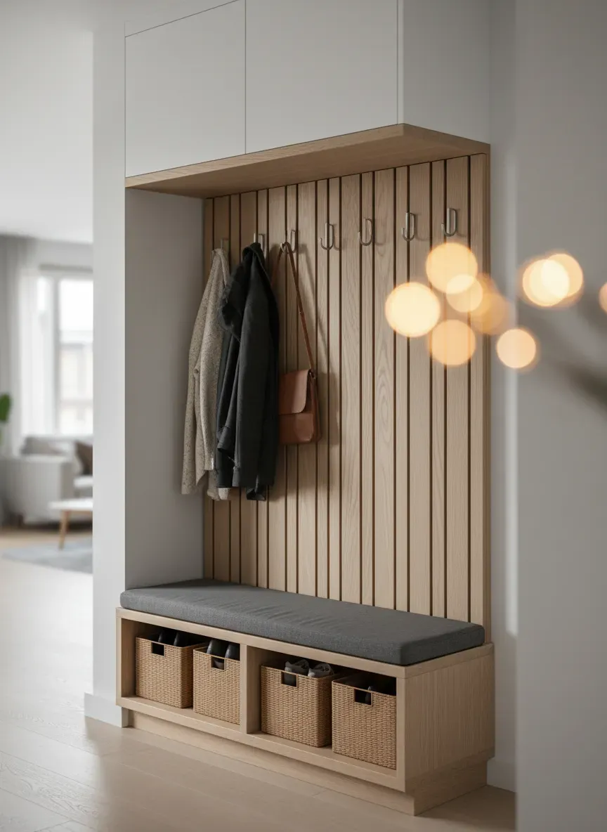 Compact mudroom bench seamlessly integrated into a narrow apartment hallway