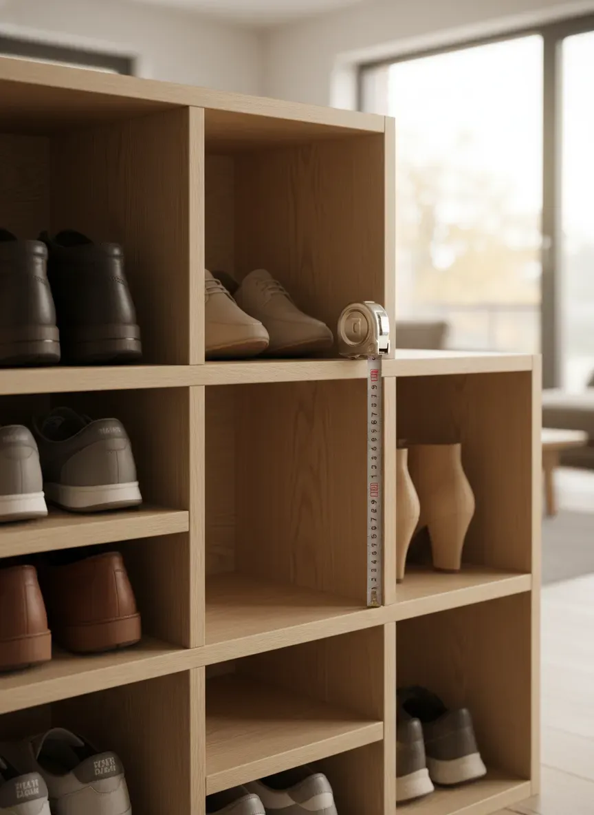 Detailed view of internal cubby dimensions and shoe storage capacity