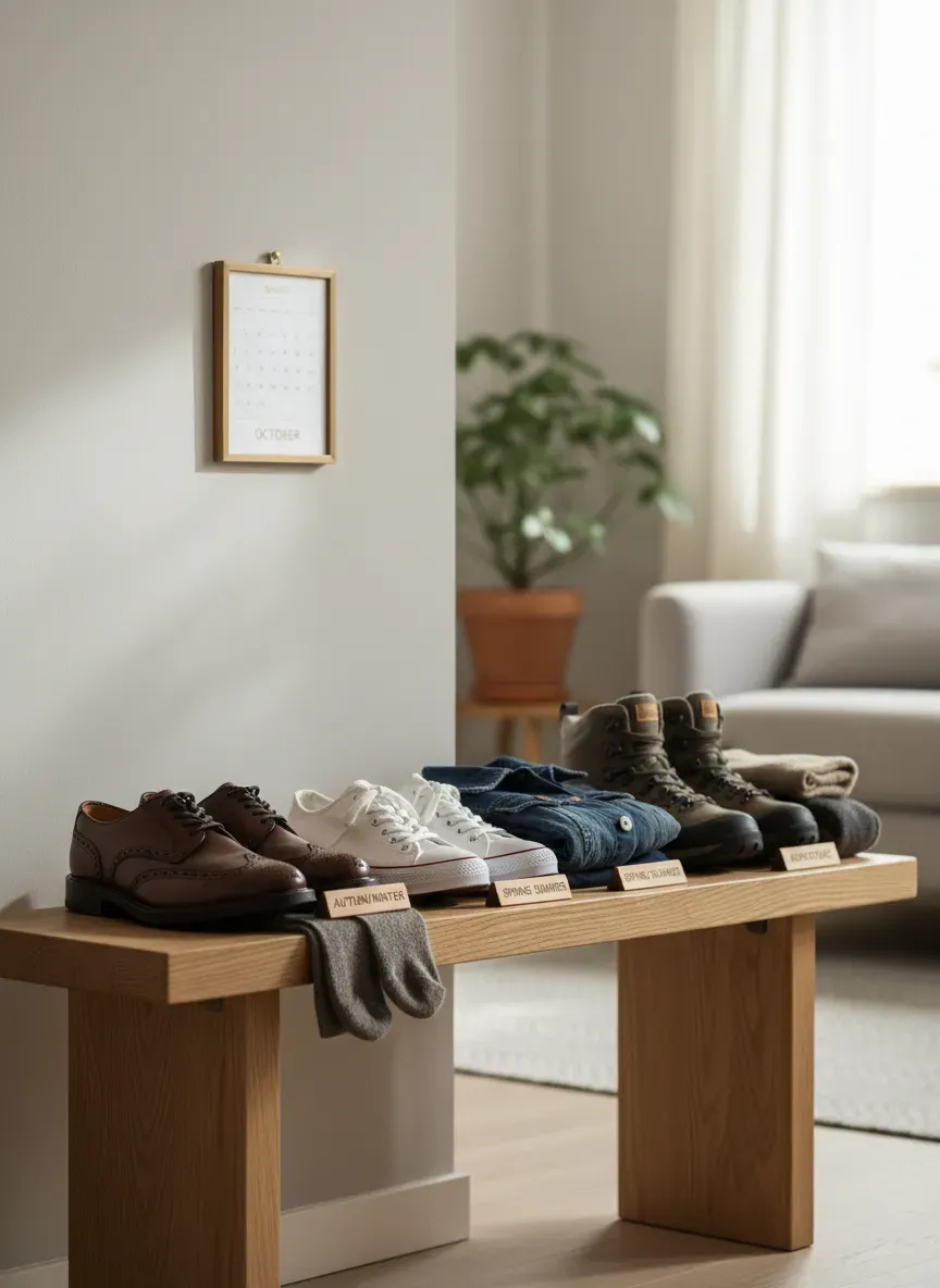 Close-up of a well-organized small bench featuring a strict seasonal shoe rotation