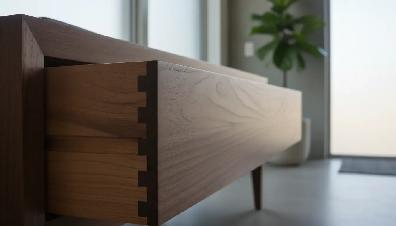 Detail shot of dovetail joinery on a solid walnut entryway bench drawer
