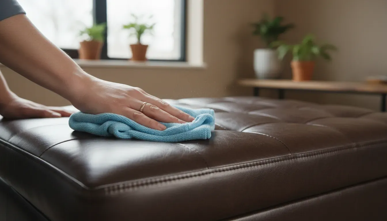 Close up of a person cleaning a leather storage bench with a microfiber cloth