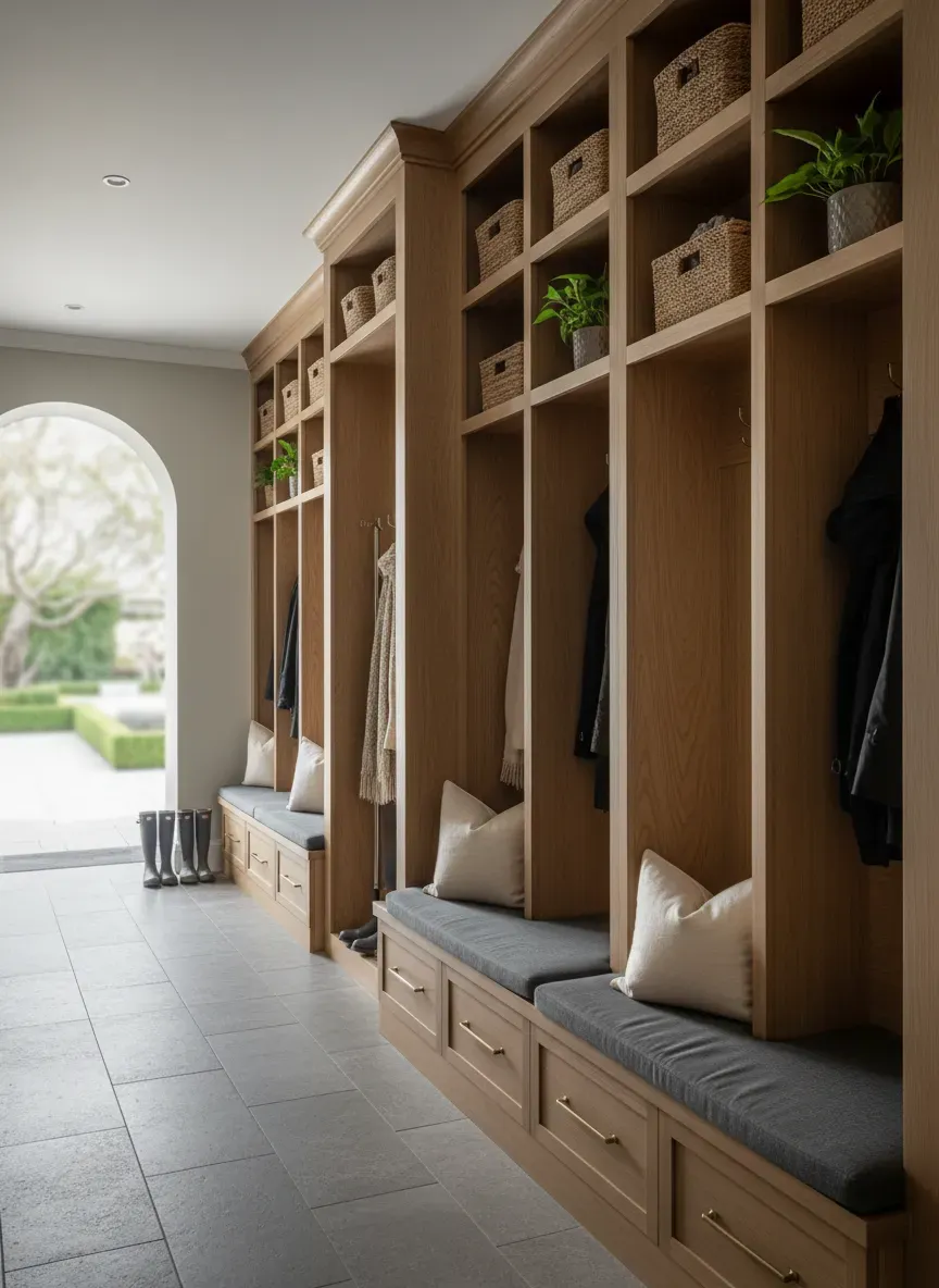 Styled mudroom showing perfect integration of height and depth