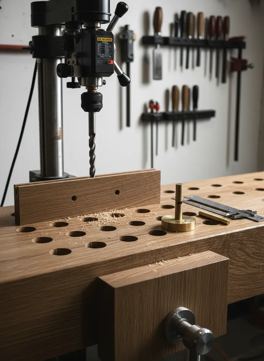 Drilling precise dog holes in a custom workbench