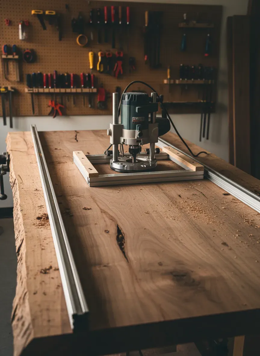 Flattening a large workbench slab with a router sled
