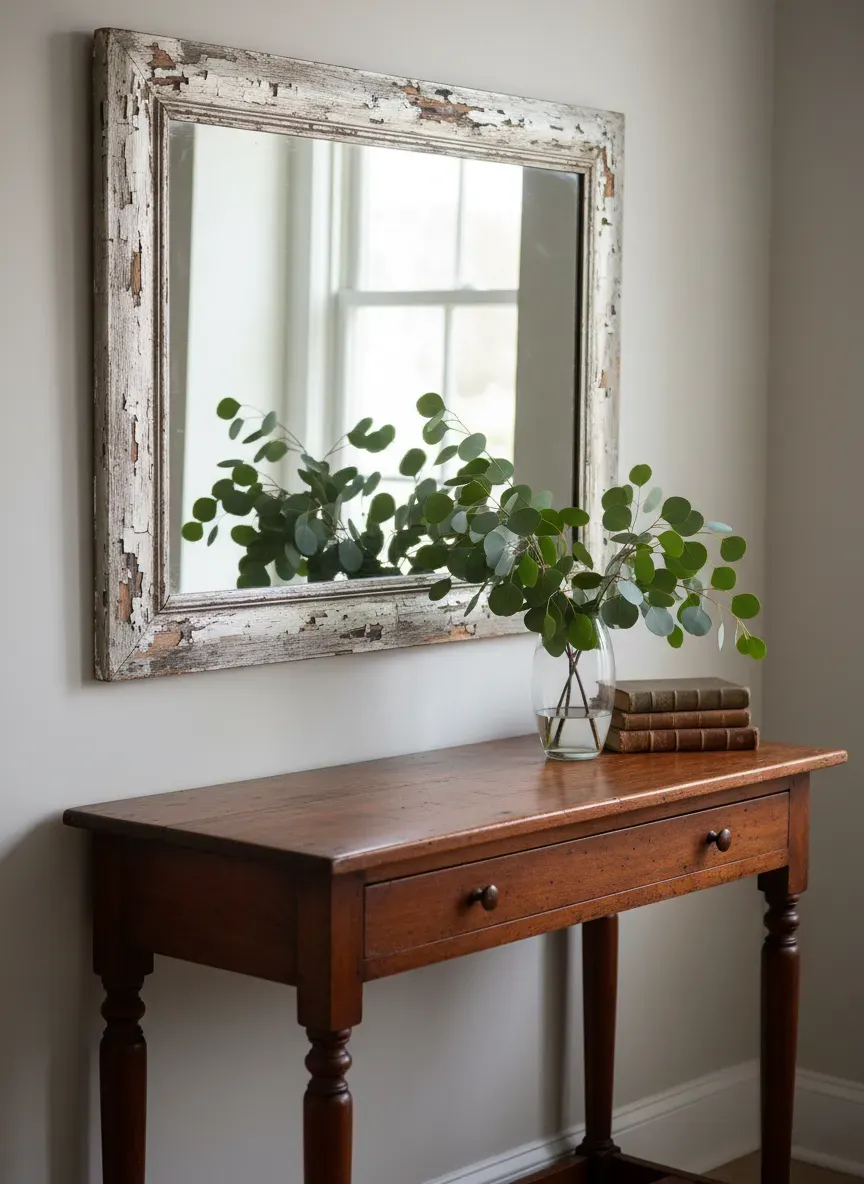 Antique mahogany console table styled with a distressed mirror and fresh eucalyptus