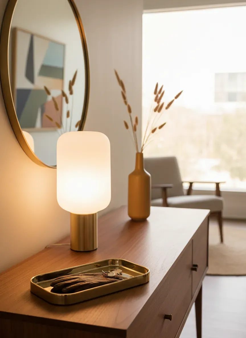 Mid-century modern entryway vignette featuring a brass catchall tray and sculptural lamp