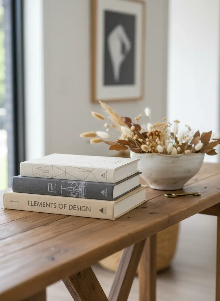 Close up of entryway styling details showing a stack of design books, a ceramic bowl, and dried florals
