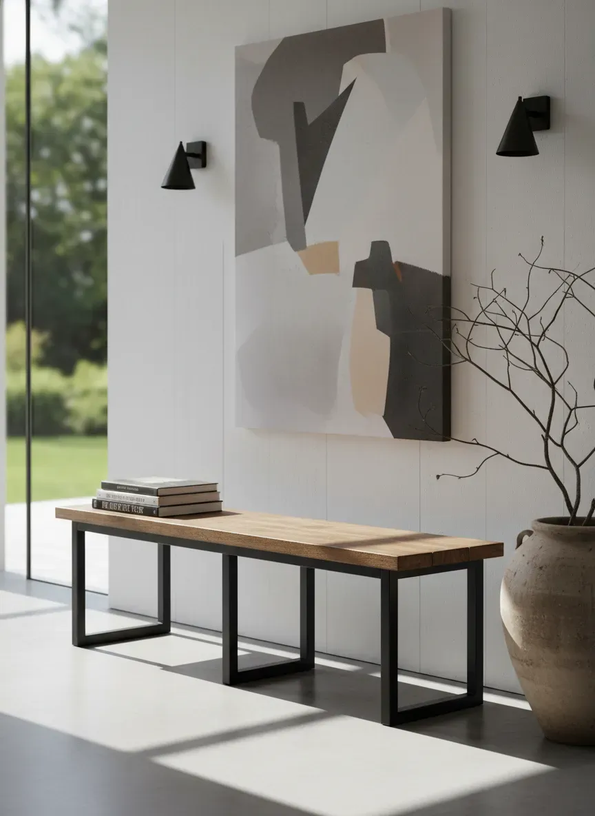 A perfectly proportioned industrial bench sitting in a brightly lit modern entryway
