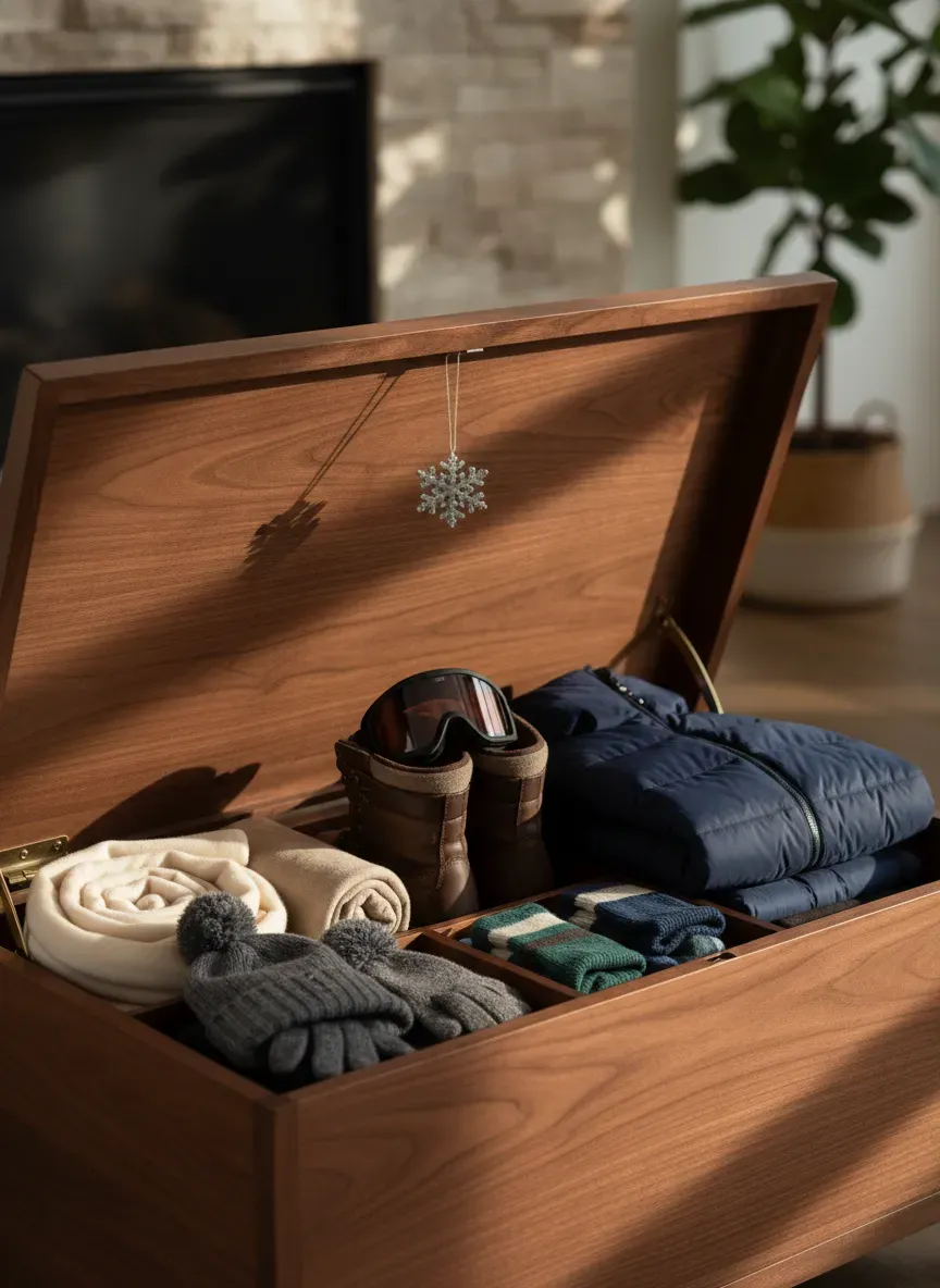 A solid wood storage bench with its lid open, revealing neatly organized winter gear