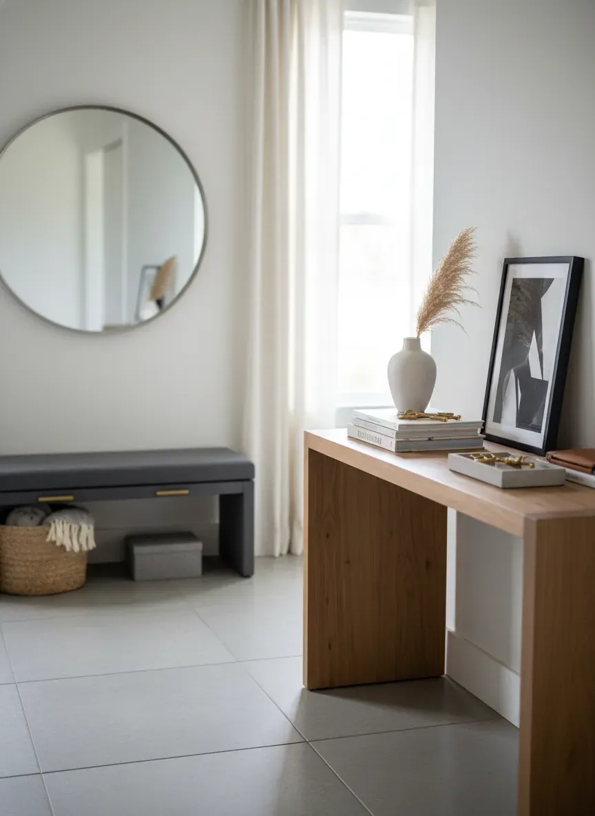 A well-balanced entryway featuring a storage bench on one side and a styled console table on the other
