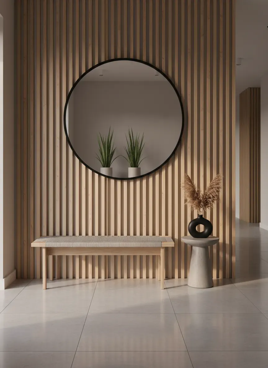 A Japandi style entryway with slat wood details and a stone floor