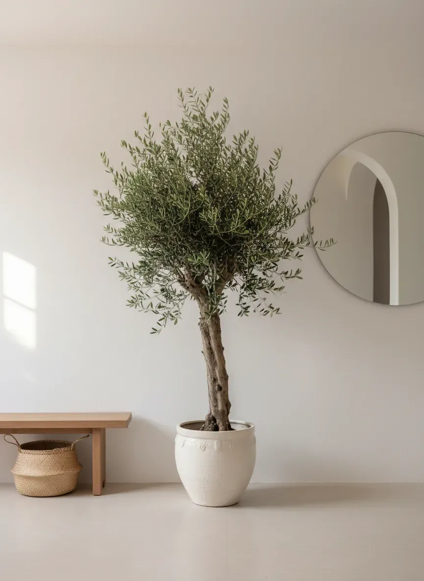 Minimalist entryway with a large potted olive tree and white walls