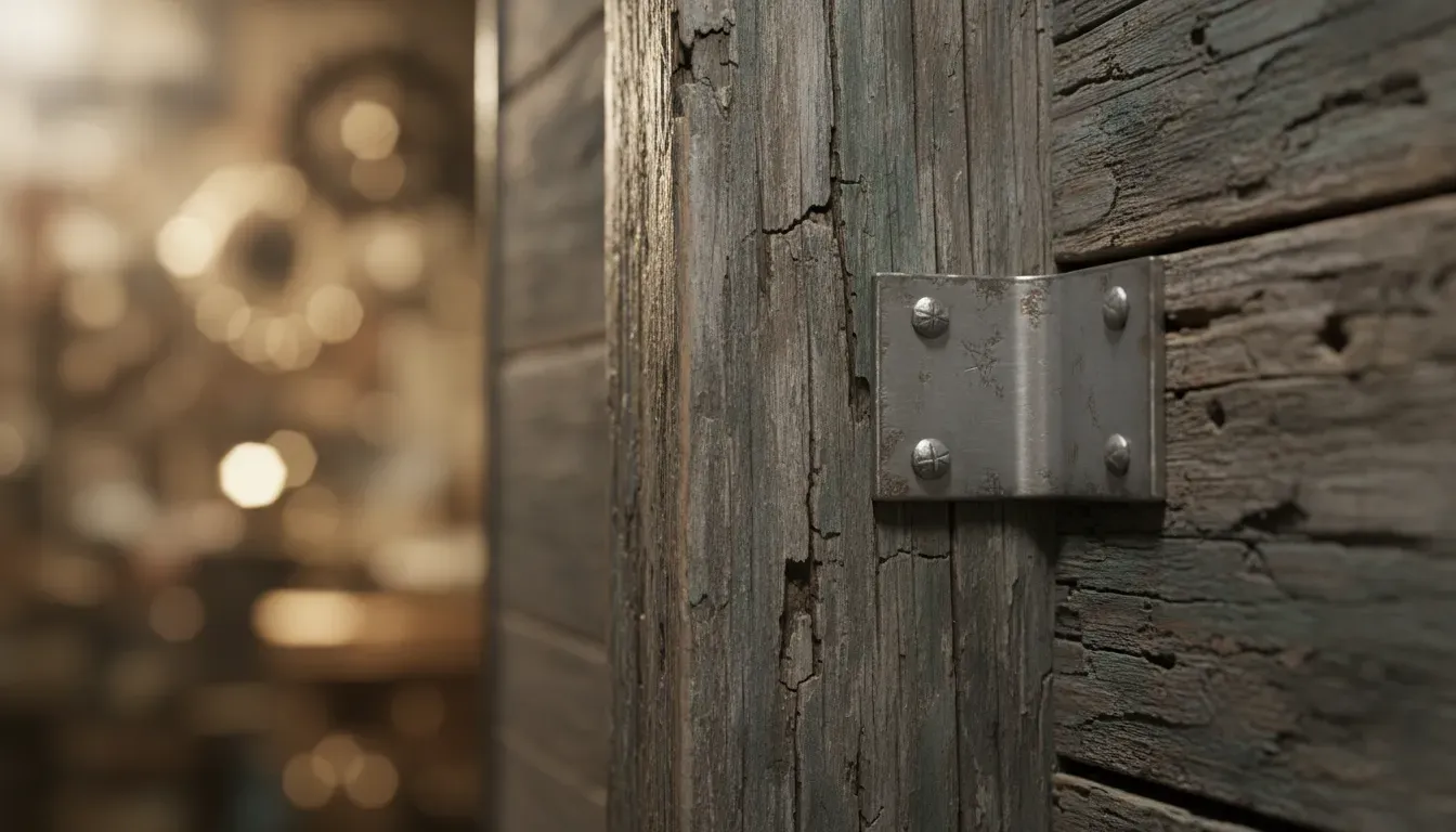 Close up of textured reclaimed wood grain and recycled metal bracket