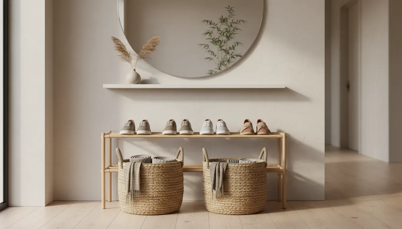 Modern entryway with bamboo shoe rack and woven seagrass baskets