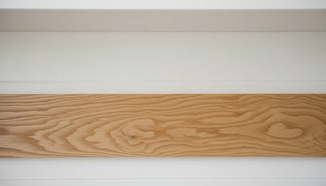 Detailed close up of beadboard backing and wood grain texture on a mudroom rack