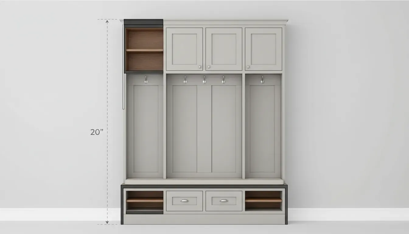 Cross section diagram of a mudroom locker showing different depths for upper and lower sections
