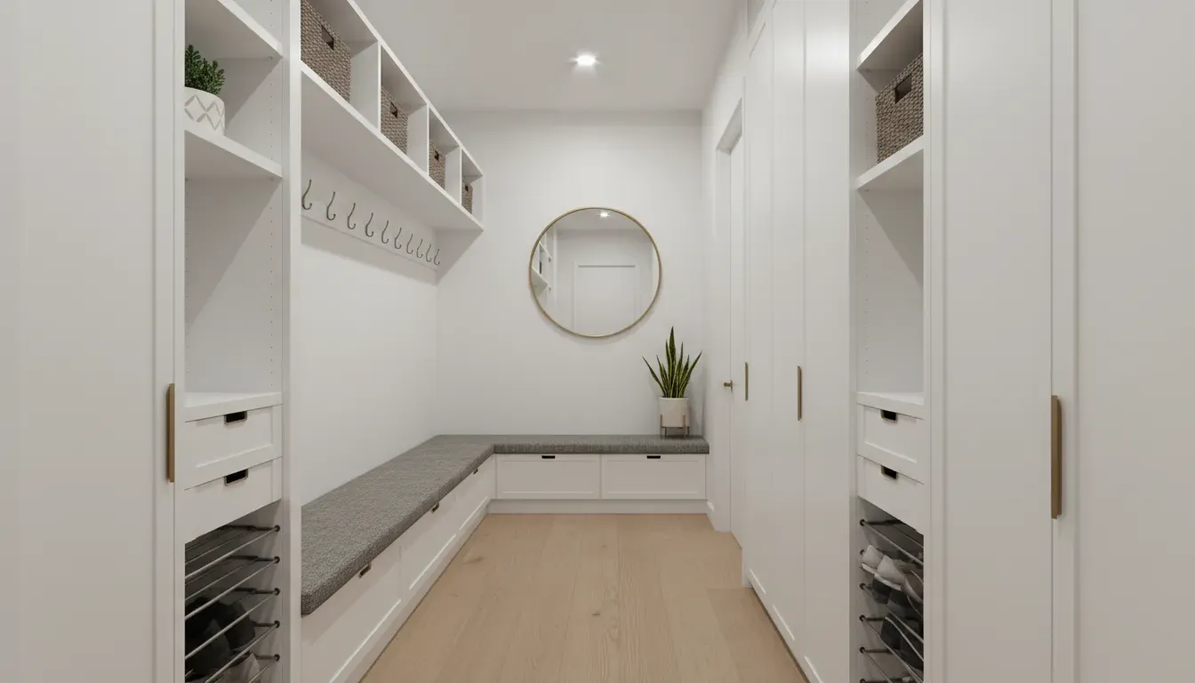 Narrow mudroom design utilizing shallow vertical storage in a hallway context