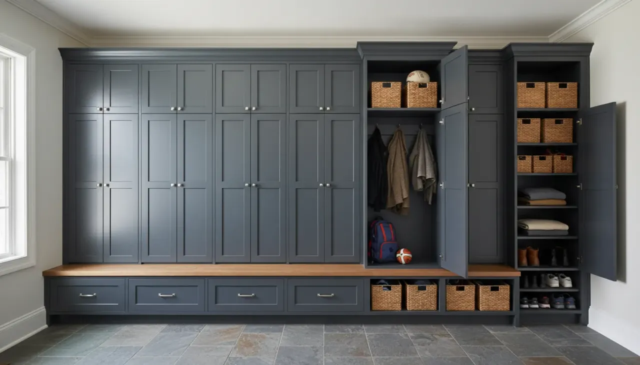 A beautifully designed mudroom featuring custom lockers with optimal depth for storage and seating.
