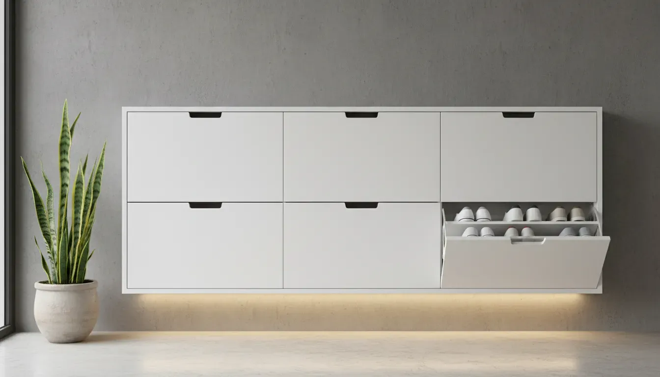 Minimalist white tipping shoe bucket cabinet mounted on a gray wall