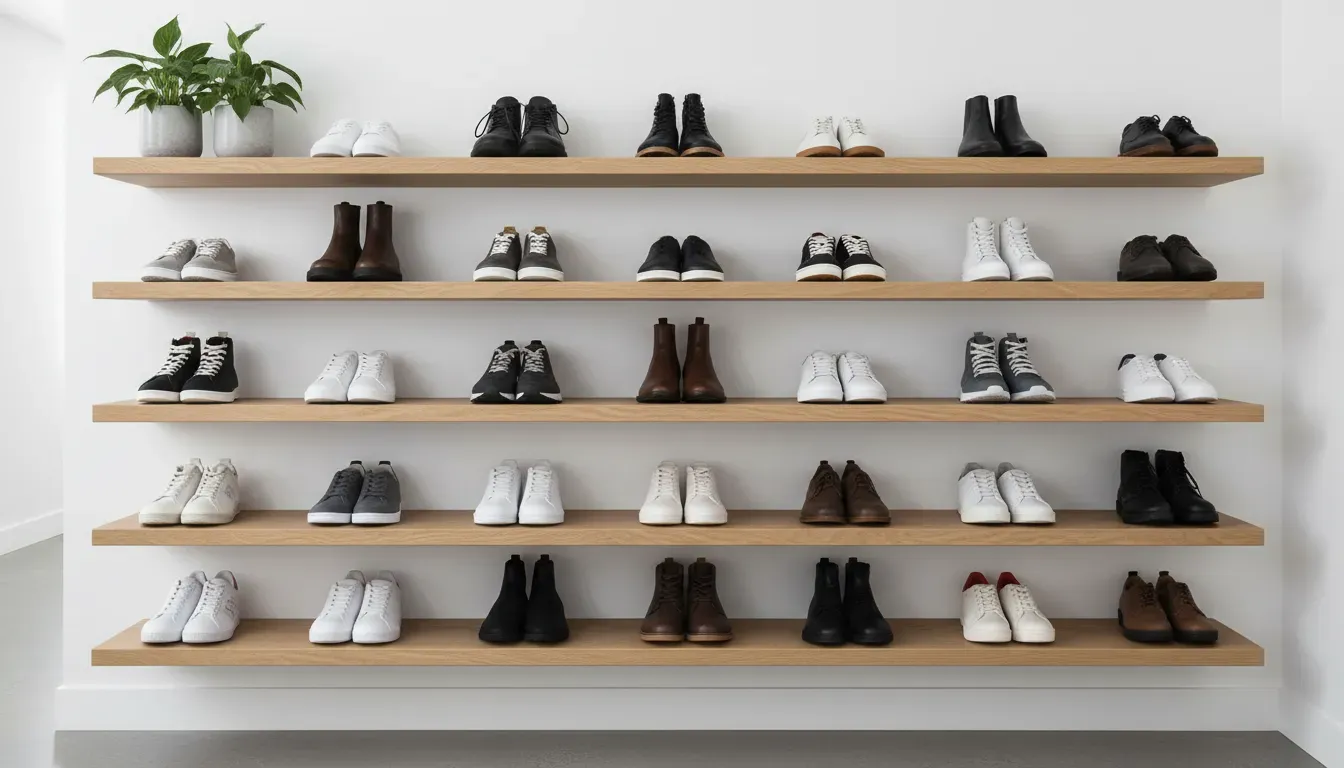 Modern floating wooden shelves with shoes arranged vertically in a narrow hallway